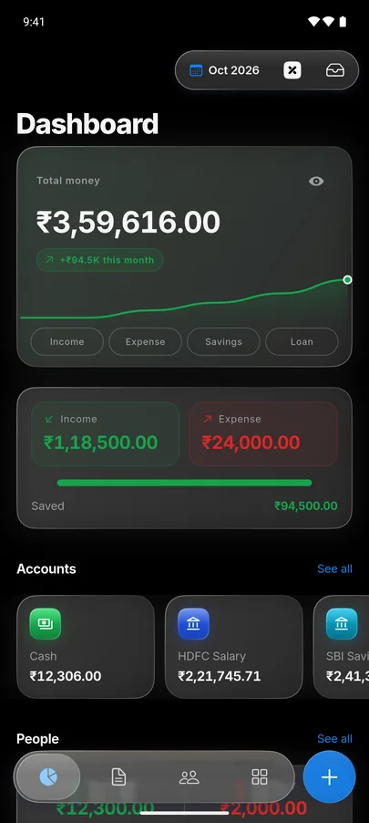 Dashboard in the Glass theme, with frosted cards and a floating glass tab bar.