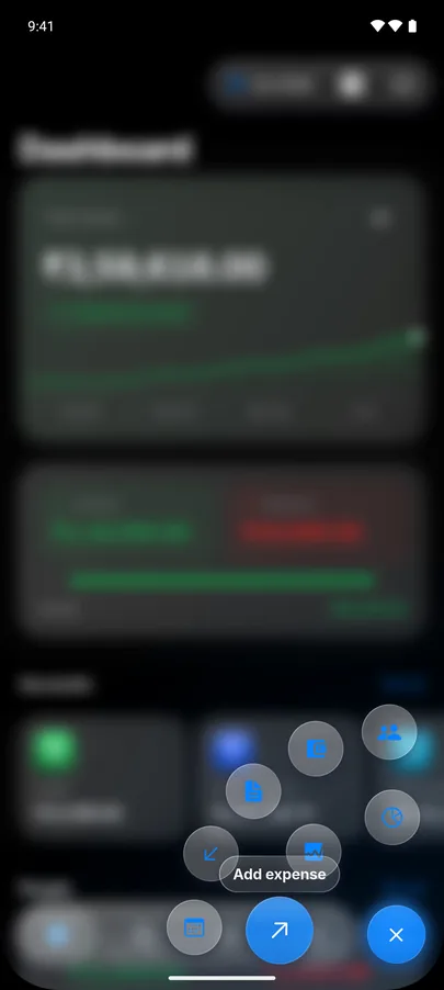 Quick actions fanned out of the plus button on two arcs, with Add expense highlighted, over a blurred dashboard.