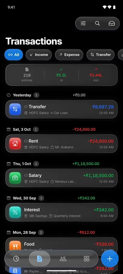 Transactions in the Glass theme: glass filter chips, a summary card and transactions grouped by day.